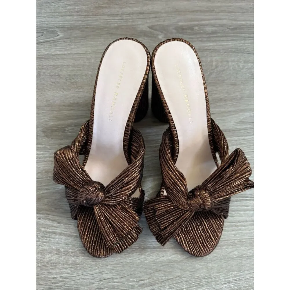 Loeffler Randall Penny Knot Bow Mules Sandals Heels Mocha Brown Pleated